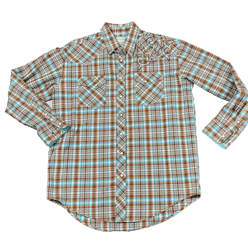 Panhandle‎ Slim Rough Stock Mens L Western Pearl Snap Shirt Plaid Embroidered